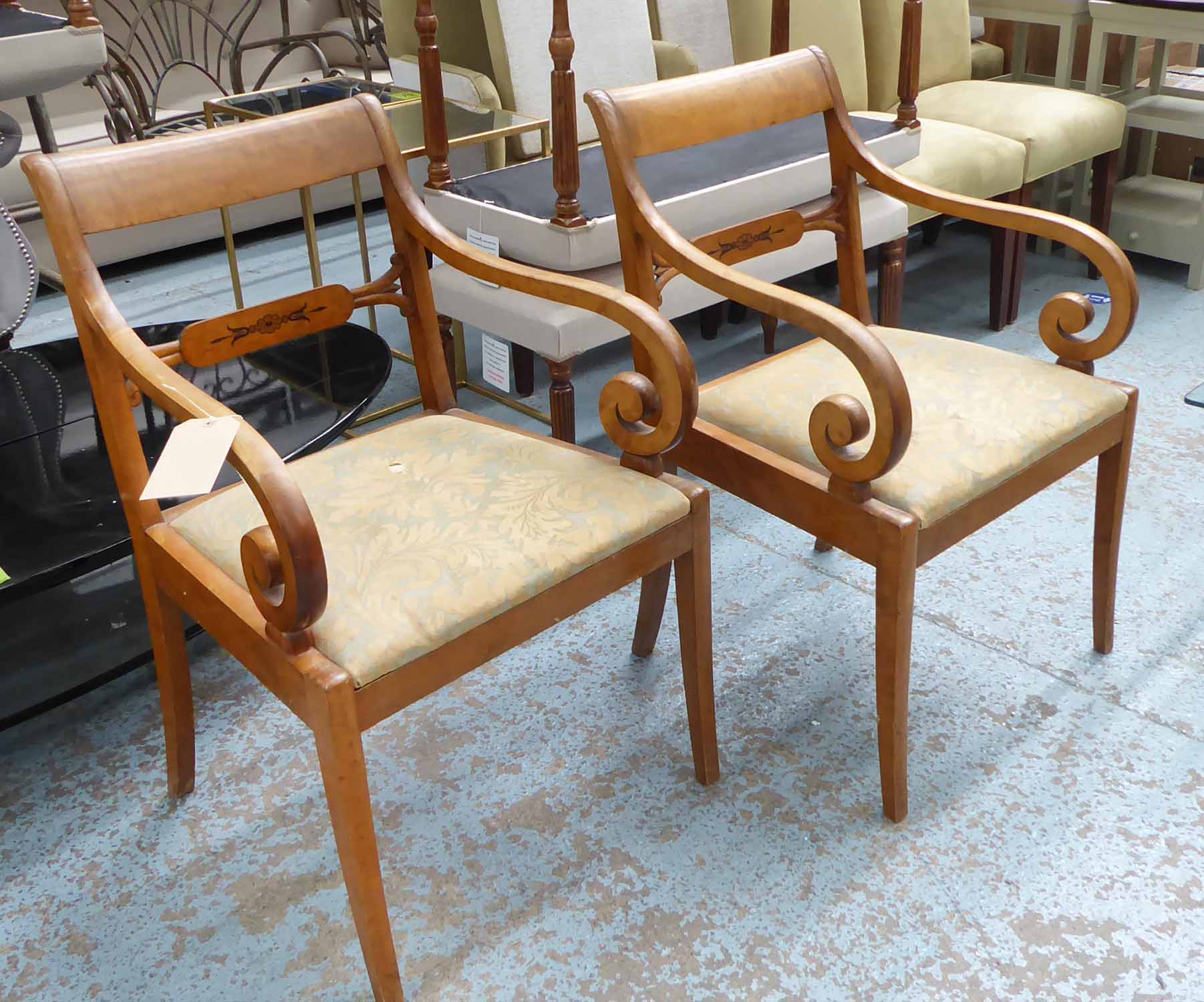 E PETTERSSON GEFIE MOBLERINGSAFFAR OPEN ARMCHAIRS, a pair, Swedish Art Deco birch and inlaid,