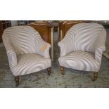 TUB CHAIRS, a near pair, in ticking with horsehair padded upholstery, 71cm x 85cm H.