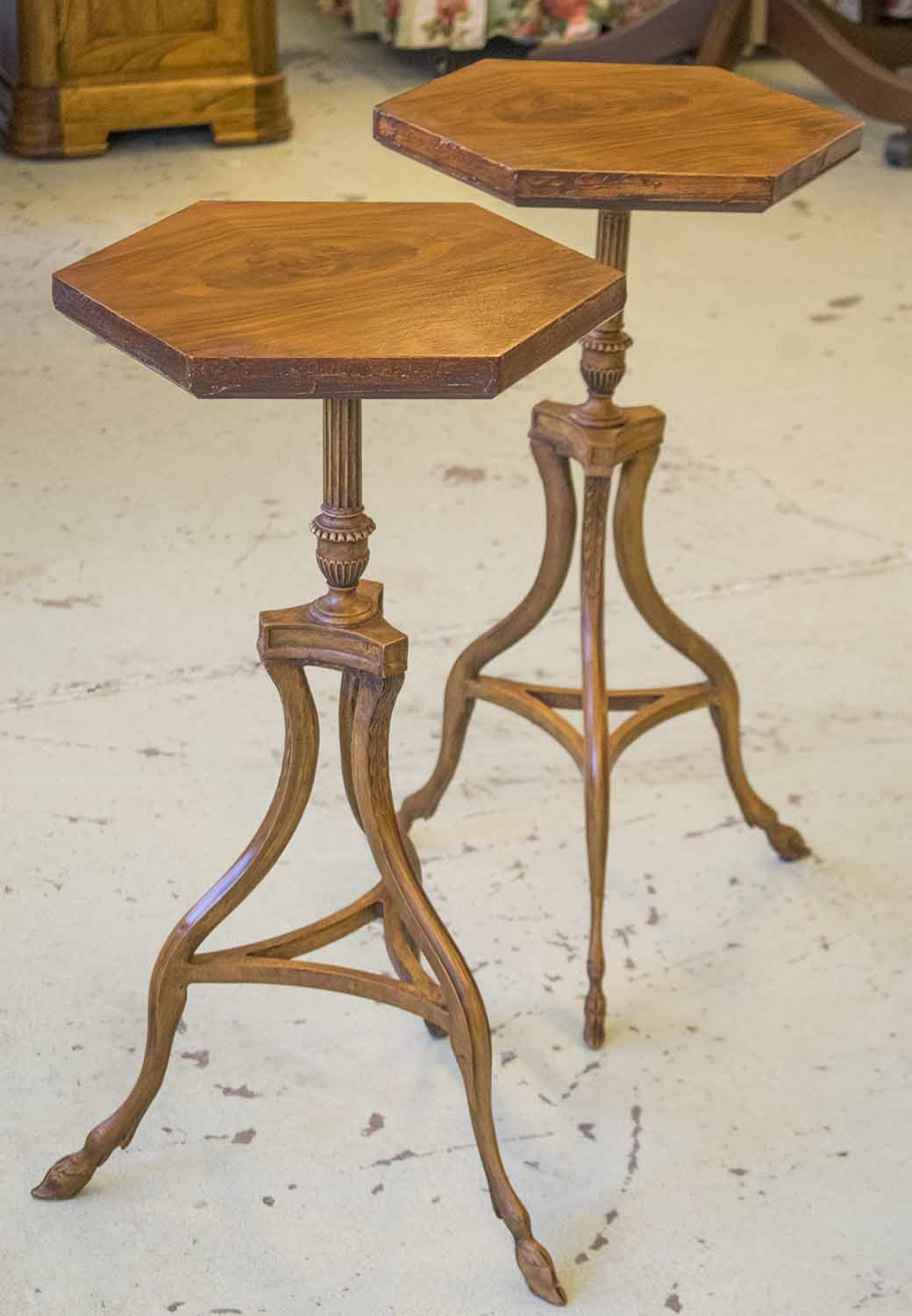 WINE TABLES, a pair, Georgian style walnut with hexagonal tops and hoof feet, 73cm H x 39cm x 34cm.
