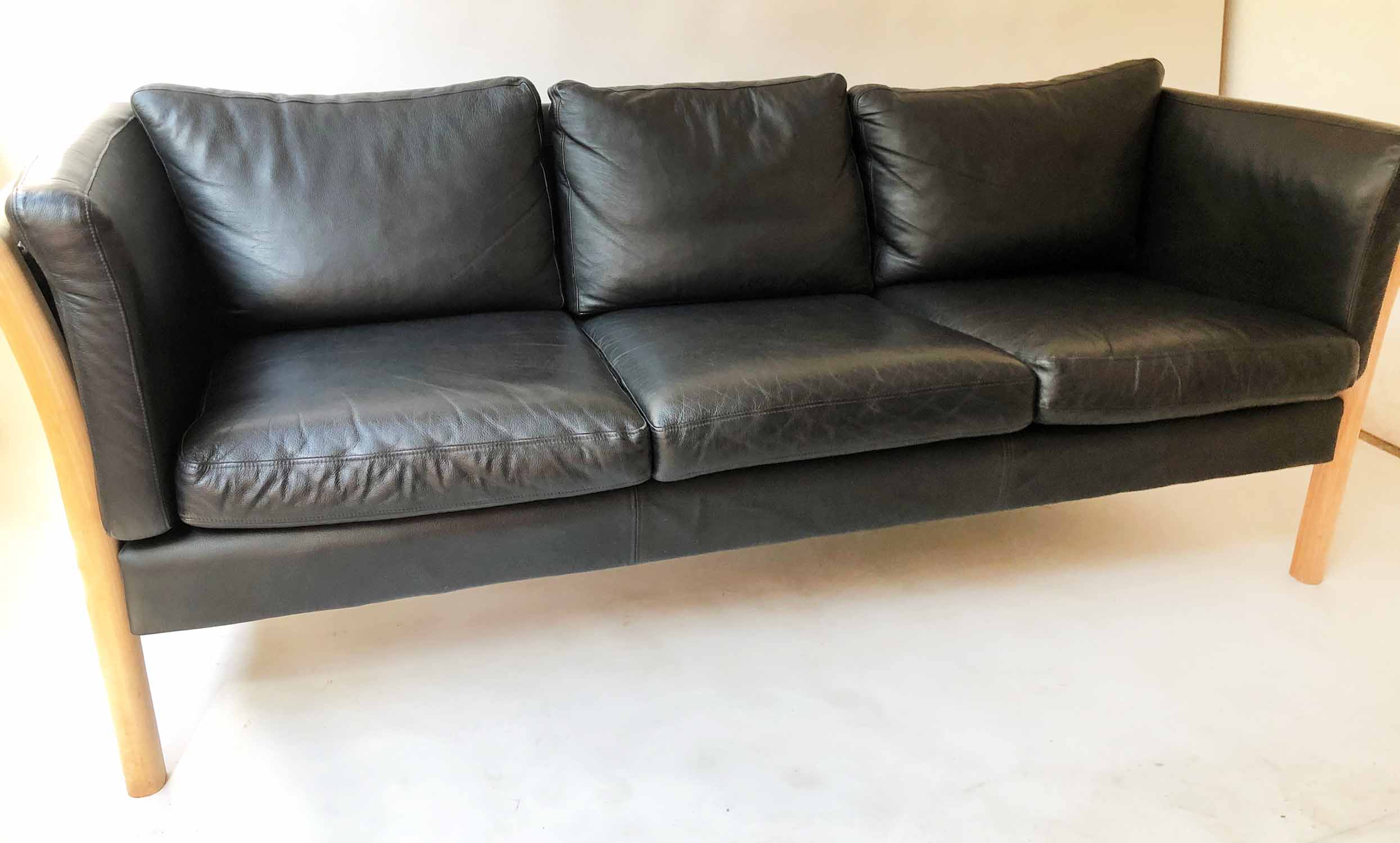 SOFA, 1970's Danish style beechwood frame and black grained leather, 200cm W.