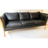 SOFA, 1970's Danish style beechwood frame and black grained leather, 200cm W.
