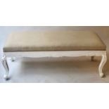 HEARTH STOOL, Louis XV style rectangular traditionally grey painted and cotton upholstered,