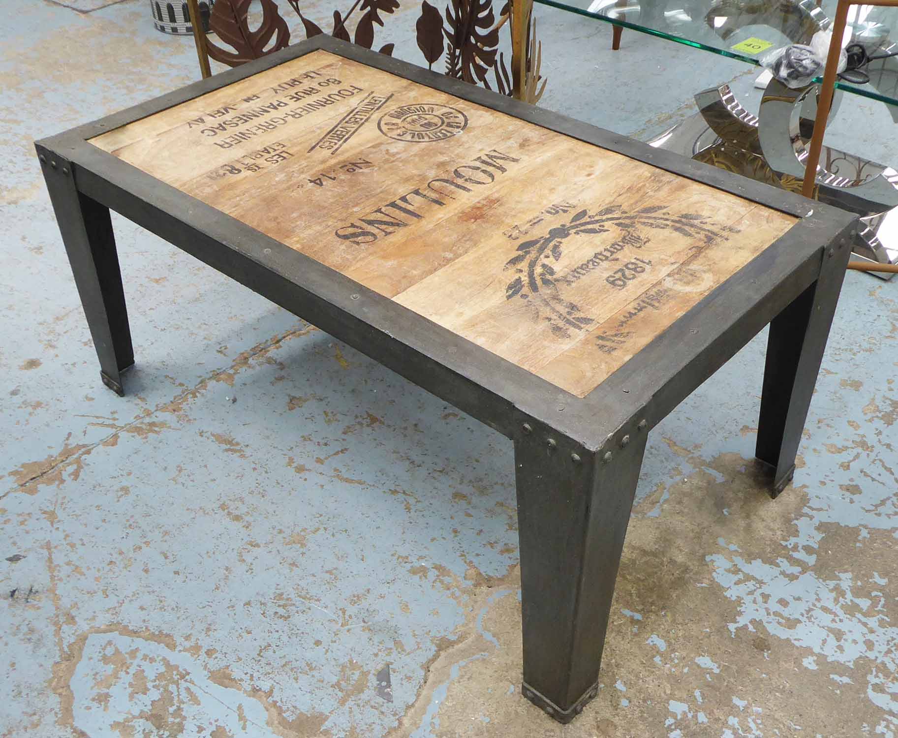 LOW TABLE, vintage French style with faux wine box boarding detail, 106cm x 59cm x 48cm.