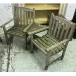 GARDEN BENCH, weathered teak, comprising of two armchairs joined by table to the centre ,