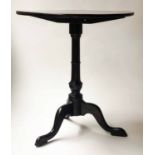 TRIPOD TABLE, George III circular tilt top above turned column and tripod supports,