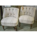 BUTTON BACK OCCASIONAL CHAIRS, a pair, in striped ticking fabric, 65cm x 78cm H.