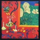 HENRI MATISSE, 'The red room', textile, 64cm x 62cm, framed and glazed.