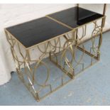 SIDE TABLES, a pair, 1960's French style, smoked glass tops, 43cm x 43cm x 56cm.