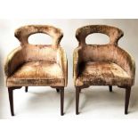 BRIDGE ARMCHAIRS, a pair, Hollywood Regency style crushed yellow velvet with pierced back.