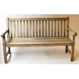 ESTATE GARDEN BENCH, silvery weathered teak of slatted construction with shaped back, 149cm W.