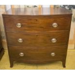 BOWFRONT CHEST, George III mahogany, circa 1800 of three drawers, 90cm H x 92cm x 52cm.