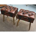 FOOTSTOOLS, a pair, in deep buttoned tan leather on gilt metal supports, 56cm H x 46cm W x 32cm D.