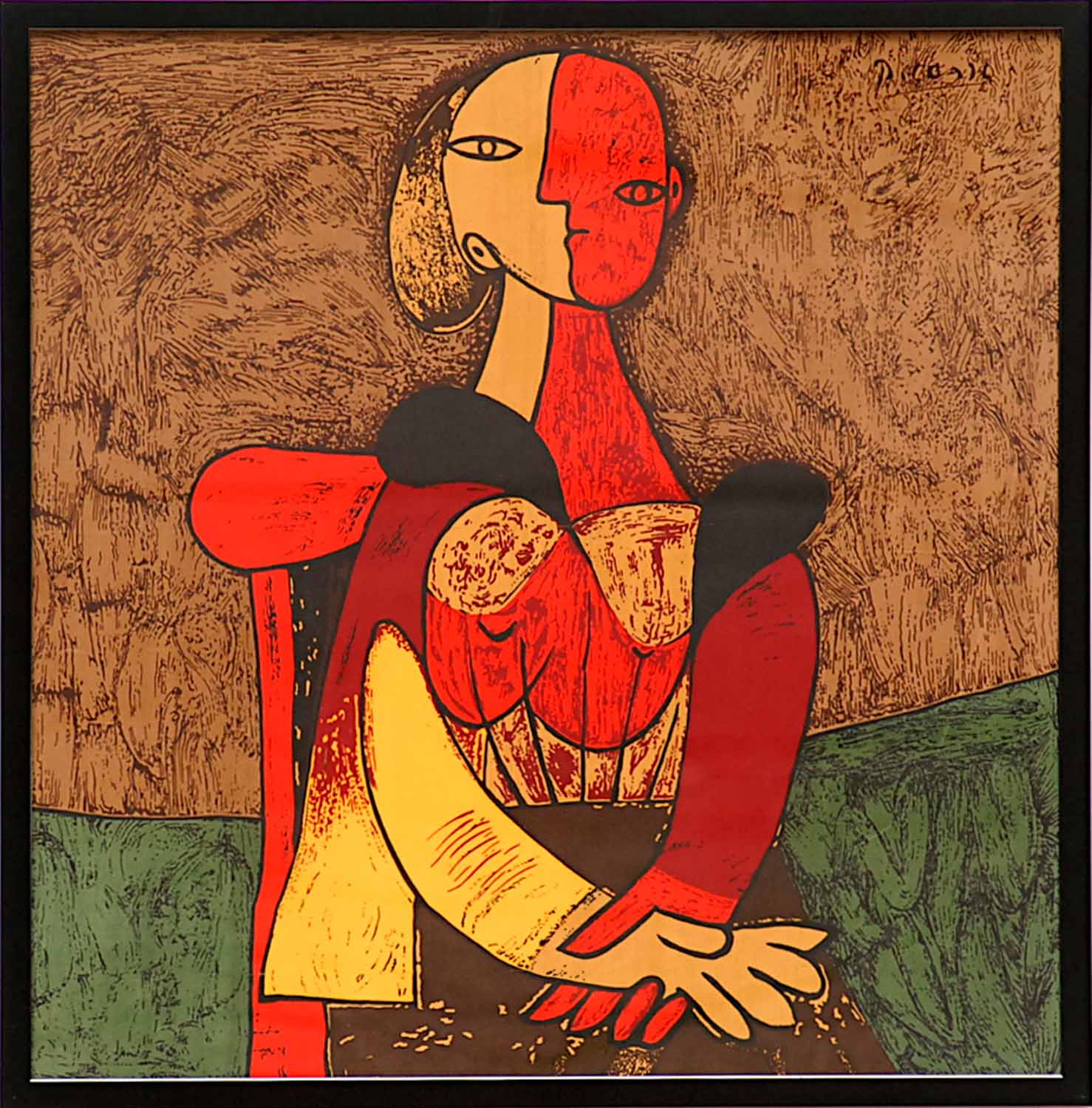 PABLO PICASSO 'Tete de Femme red' on silk, plate signed, 76cm x 75cm.
