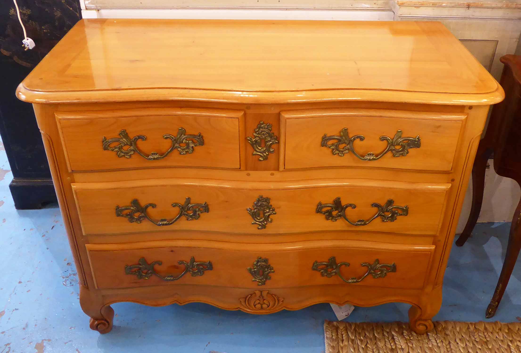 COMMODE, Louis XV style cherrywood with two short over two long drawers with carved detail,