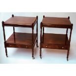 LAMP TABLES, a pair, George III design, burr yewwood, each with galleried top and undertier drawer,