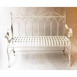 GARDEN BENCH, French white painted metal with sprung seat and scroll cresting, 110cm W.