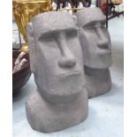 FAUX EASTER ISLAND MOAI STYLE HEADS, a pair, 60cm H.