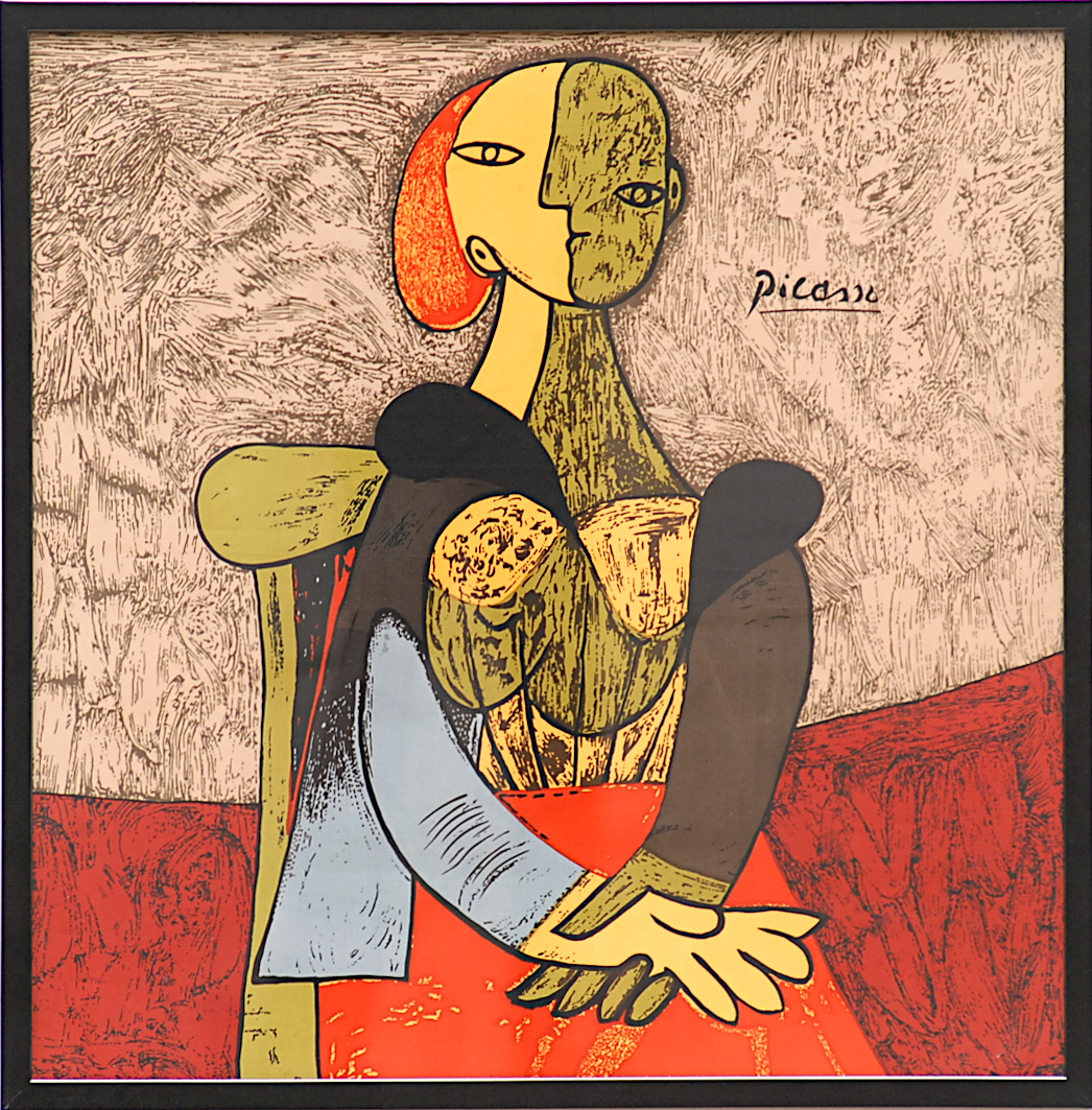 PABLO PICASSO 'Tete de Femme' on silk, plate signed, 79cm x 77cm W.