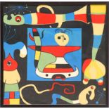 JOAN MIRO 'Abstract Figures' on silk, 75cm x 77cm.