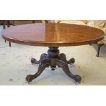 LOO TABLE, Victorian burr walnut and walnut with oval tilt top on carved pedestal,