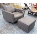 NATUZZI SWIVEL ARMCHAIR, in grey leather with footstool, 74cm x 88cm x 85cm H.