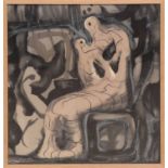 HENRY MOORE 'Mother and Child' on silk, 78cm H x 74cm.