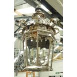 CHARLES EDWARDS LARGE HANGING CURLY LEAF LANTERN, brass with nickel plated finish, 87cm drop.