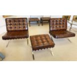 BARCELONA CHAIRS, a pair, buttoned brown leather on X framed chrome supports,