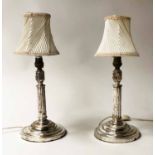 SHIPS DINING TABLE LAMPS, a pair, silver plated with reeded columns,