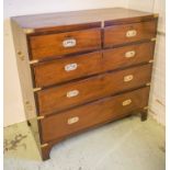 MILITARY CHEST, 19th century mahogany and brass bound of five drawers with side handles,