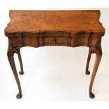 CARD TABLE, Queen Anne style burr walnut, with foldover baize top,