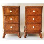 BEDSIDE CHESTS, a pair, Art Deco design, burr walnut, each with three drawers and splay supports,