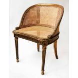 BERGERE, 19th century French giltwood with caned bow back and seat and fluted front supports,