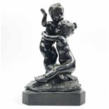 FIGURAL BRONZE, after Hôbo, cast of two young children on a naturalistic base and marble plinth,