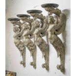 WALL SCONCES, a set of four, 19th century painted, carved as angels, with simulated marble tops,