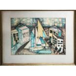 SANDRO PATERNOSTRO (Italian 1922-2000), 'Harbour Sicily', pen and crayon 32cm x 43cm,