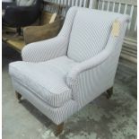 ARMCHAIR, Howard design in ticking on square tapering supports, 76cm x 88cm H.