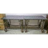 CONSOLE TABLES, a pair, Art Deco manner bronzed metal with rectangular verde antico marble tops,