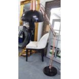 FLOOR STANDING READING LAMP, articulated arm, coppered and black painted finish, 195cm H at tallest.