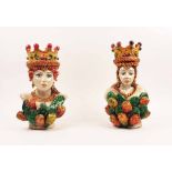 CALTAGIRONE MAJOLICA VASES, a set of two, signed at base, 32cm H at tallest.