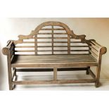 LUTYENS STYLE GARDEN BENCH, silvery weathered teak of slatted construction, 164cm W.