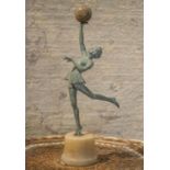 AFTER JOSEF LORENZL, Art Deco bronzed figure with marble ball on alabaster base, 33cm H.