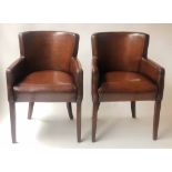 BRIDGE ARMCHAIRS, a pair, hand finished and stitched leaf brown leather, 60cm W.