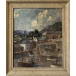 EARLY 20TH CENTURY CORNISH SCHOOL, 'Polperro harbour', oil on board, 29cm x 24cm, framed.