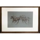 MANNER OF JAY BOYD KIRKMAN 'Final Furlong', crayon on grey paper, 35cm x 46cm, signed indistinctly,