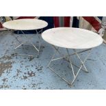 GARDEN BISTRO TABLES, two, vintage French folding metal, 96cm x 96cm x 73cm H.