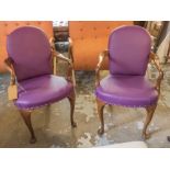 OPEN ARMCHAIRS, a pair, Queen Anne style, newly upholstered in purple leather, 55cm x 95cm H.
