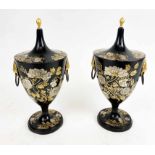 LIDDED URNS, a pair, painted and gilt tole work with lion masks and ring handles,30cm H.