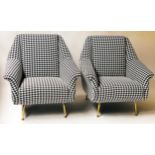 ARMCHAIRS, a pair, 1960's style black and white dog tooth with swept gilt supports, 85cm W.