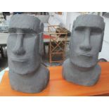 FAUX EASTER ISLAND MOAI STYLE HEADS, a pair, 60cm H.